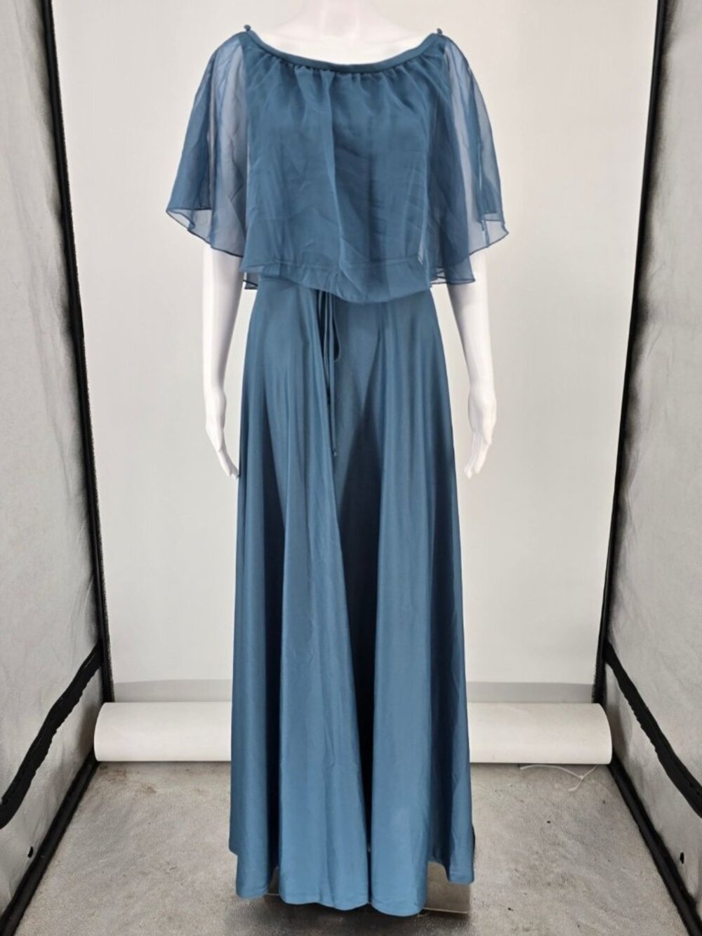 Vintage 1970s Themes Blue Chiffon Flutter Cape Disco Maxi Dress (Size 6/S)
